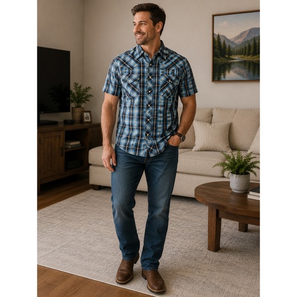 Wrangler Other - Wrangler Mens Western Snap Shirt Blue Yellow Plaid Short Sleeve XL WM184NB